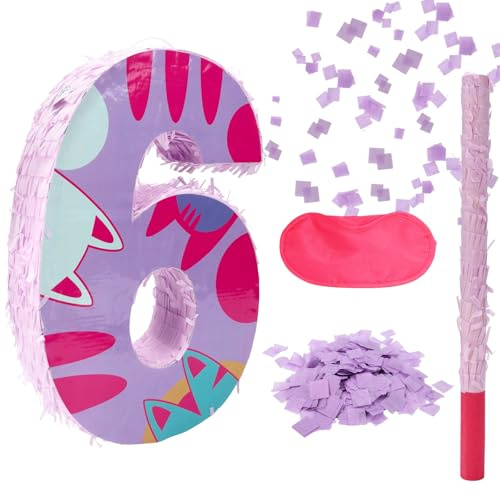 Cat Number Piñata Set, Cat Theme Birthday Piñata with Beating Stick Blindfold Paper Shreds Easy to Hang Birthday Party Decorations for Boys and Girls (Number 6)