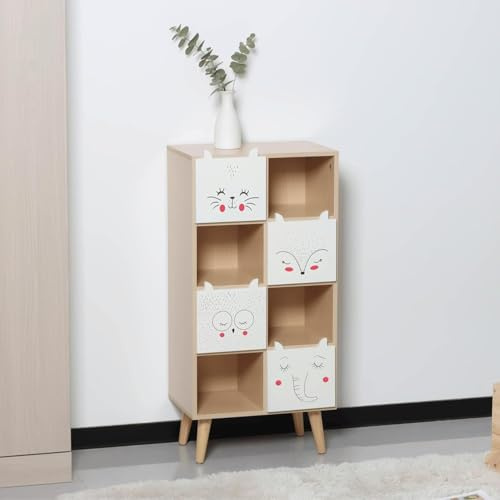 Home Source Kids Storage Cabinet – White Wooden Toy & Book Organiser with Animal Print Drawers – Children’s Storage Unit with Shelves & Wooden Legs – MDF Furniture, Flat Packed