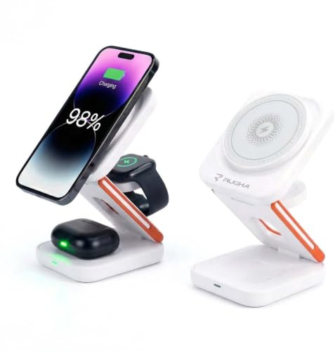 RUGHA 3-in-1 Magnetic Wireless Charging Station 15W Foldable Stand White