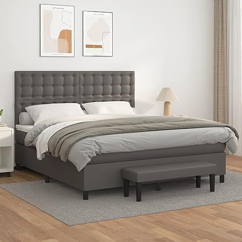 Owoxanthellate Boxspringbett 160x200 cm Grau Lederoptik Höhenverstellbares Kopfteil Taschenfederkernmatratze Mittelharte Unterstützung Modernes Design für Schlafzimmer und Gästezimmer