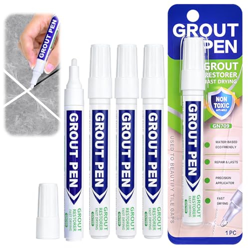 4PCS Grout Pen White, Tile Grout Pen Set Tile Paint Marker Reviver | Grouting Pen Whitener for Restoring Discoloured & Faded Tiles Joints in Bathrooms Kitchen Floor Wall Lines