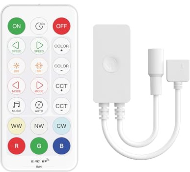PAUTIX Kit Controller LED RGBCCT SP645E,Telecomando RF 2,4GHz e Controllo APP,Dimmer LED per Strisce LED RGB+CCT 2700K-6500K 6Pin DC5V-24V con Modalità Musica,Montrollo di Gruppo (senza batteria)