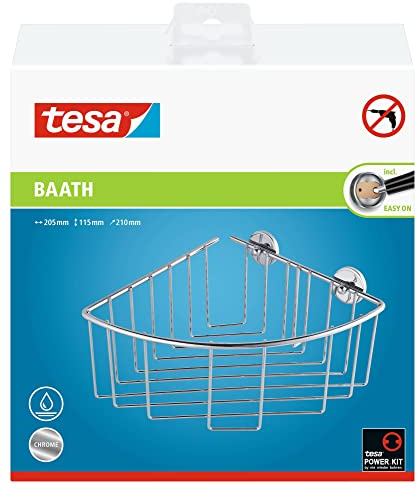 tesa baath Plus Ablagekorb Ecke, extratief, verchromt, inkl. Klebelösung, 115mm x 205mm x 210mm