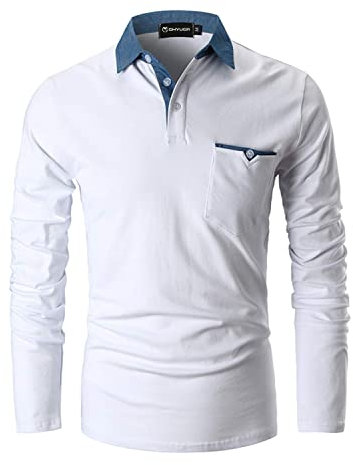 GHYUGR Men's Long Sleeve Polos Casual Tops Denim Splice Golf T-Shirt Poloshirts,White,L