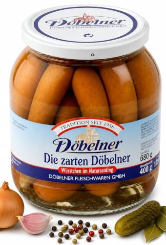 Döbelner Zarte Würstchen 16x25g - Wiener im Naturdarm mit DDR Kochbuch | Fein gewürzte Bockwürstchen im 400g Abtropfgewicht - Mild & geräuchert für Brotzeit & Snack - Inklusive Ostalgie-Geschenkset
