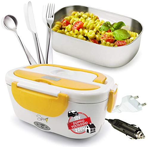 SPICE Amarillo Inox Plus Scaldavivande Portatile Lunch Box Doppio Voltaggio Double Voltage 220V - 12V con vaschetta 1,5 L Estraibile + Set 3 Posate in Acciaio Inox
