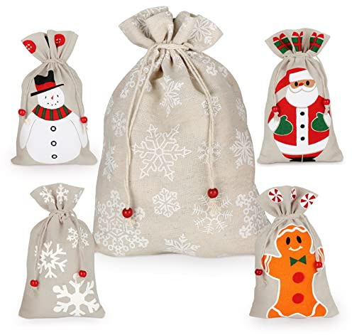 Homewit Leinensäckchen, 5PCS Weihnachten Säckchen mit Schneeflocken, Lebkuchenmann, Schneemann, Leinenbeutel in Zwei Größen mit Baumwollkordel für Süßigkeits Geschenke Dekorationen Geschenkverpackung