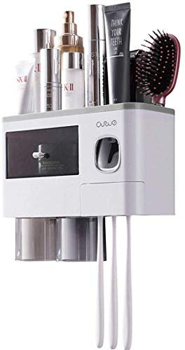 TuCao Automatischer Zahnpastaspender Wand platzsparendem Zahnbürstenhalter für Badezimmer, 2 transparente magnetische Becher, 6 Zahnbürstenschlitze, 1 Kosmetik-Organizer-Schublade (2 Tassen)