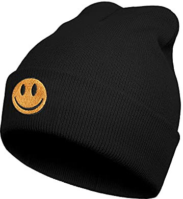 Koesnbre Schwarze bestickte Beanie-Mütze für Herren und Damen, Winter, warm, dehnbar, Quackity, Strickmütze, für Männer und Frauen, Schwarzes Smileface, Einheitsgröße