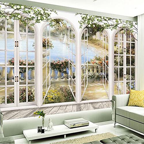 Benutzerdefinierte 3D-Stereo-Fensteransichten, Garten, Pool, Fototapete, Wohnzimmer, Bettwäsche, Zimmer, Landschaft, Wanddekoration, geprägte Papiertapete, 350 x 256 cm