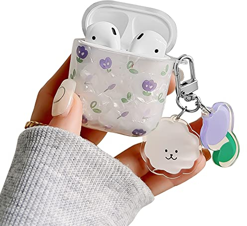 Schutzhülle für Airpod 2/1, Niedliches Case mit Schlüsselanhänger, Silikon Hülle mit modische Violette kleine Blum, Glattes Stoßfestes Design Kompatibel mit AirPods 2&1 Ladebox für Mädchen Frauen