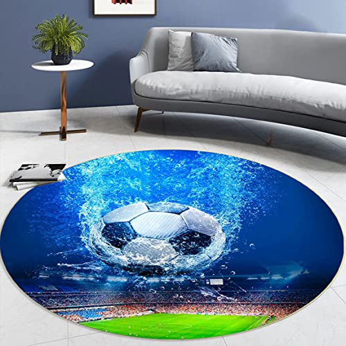 Moderne Flamme Fußball Wohnzimmer Schlafzimmer Teppich Teenager Junge Mädchen 3D Sports Soccer Serie Rutschfester Flanell Stuhlkissen Kinderzimmer Spielbereich Runden Teppich (Blau,160cm)