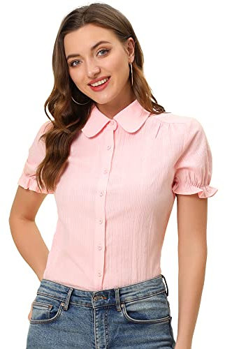 Allegra K Chemise à col Rabattu en Coton à Volants pour Femmes Rose Clair S