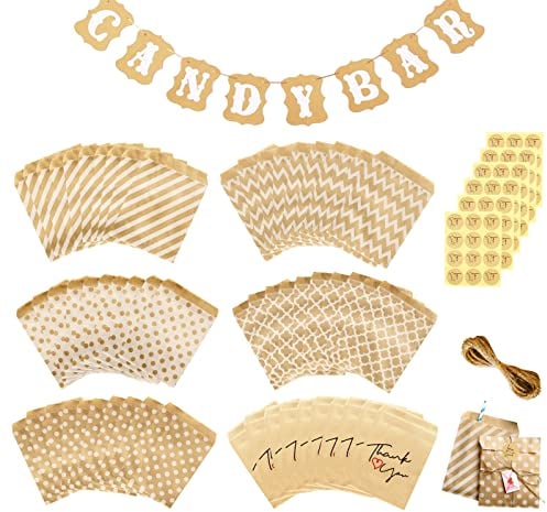 Candy Bar Dekoration Zubehör Set BOZILY Candy Bar Deko Banner mit 60x Kraftpapier Tüten, 72x Aufkleber, 10m Seil für Candybar Deko Geburtstag Hochzeit Party Süßigkeiten Party