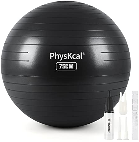 PhysKcal Gym Ball 75cm Black Exercise Swiss Ball for Fitness Yoga Pilates Pregnancy, Anti Burst Ball Chair for Balance, Stability, Quick Pump Included