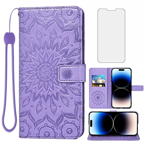 Phone Case for iPhone 14 Pro Max 6.7 inch Wallet with Tempered Glass Screen Protector and Leather Slim Flip Cover Card Holder Stand iPhone14promax 5G i Phone14Max Plus iPhone14 ProMax Women Purple