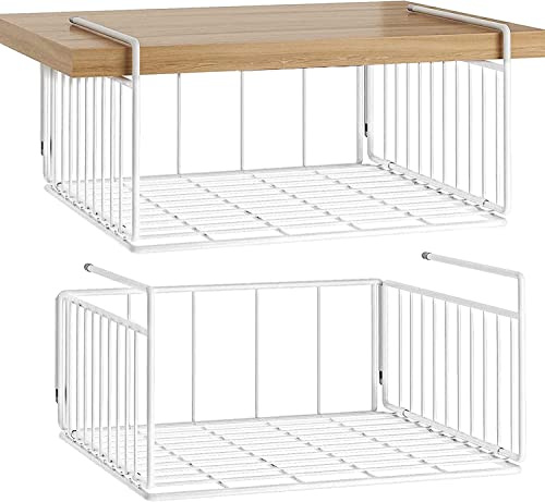 SUFAUY 2-Pack Under Cabinet Shelf Basket Organizer, Metal Wire Rack Hanging Storage Baskets Holds up to 22lbs for Kitchen Pantry or Refrigerator, White