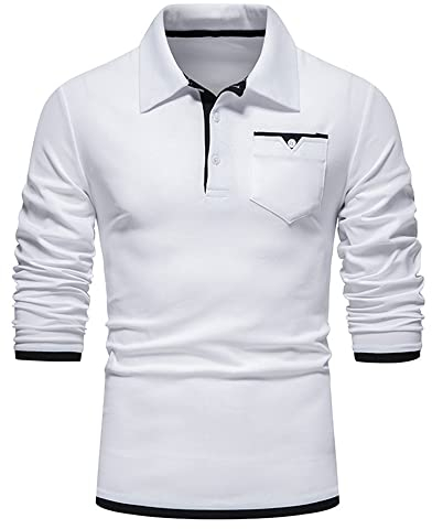 Poloshirt Herren Einfarbig Slim Fit Frühling Causal Shirt Herren Revers Mit Taschen Langarm Shirt Herren Basic Knopfleiste Jugend Sportshirt Herren B-White L