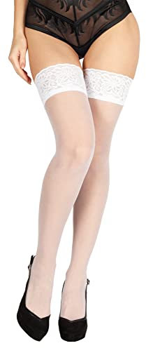 BANANALU 20 Den halterlose Strümpfe Spitzenbund 9 cm Blumenmuster sexy Overkniestrümpfe Flirt 20 Bianco 3XL