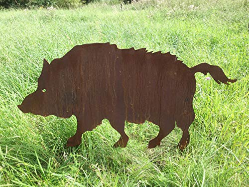 STEINFIGURENWELT GIEBEN Wildschwein laufend 100x50cm zum Stecken Gartenstecker Edelrost Gartendeko Wetterfest Rost Gartenfigur Metall Rostfigur Tier Waldtier