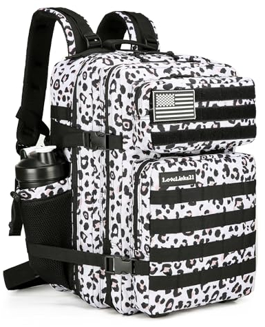 KXBUNQD Militärischer taktischer Rucksack, 45 l, Wanderrucksack, für Herren und Damen, Molle-Armee-Rucksack, Tagesrucksack für Camping, Angeln, Reisen, Weiß / Leopardenmuster, Tagesrucksäcke