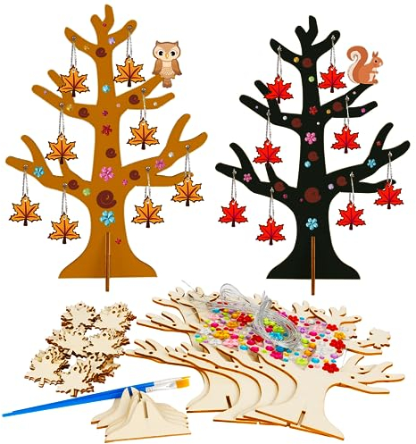 LOOPES 6 STK Herbst Bastelbaum Kinder Herbst Deko DIY Holz Herbstbaum Eichhörnchen Deko Eule Herbstdeko zum Bemalen Holzbastel Baum 3D Herbstbaum für Herbst Mitgebsel Kindergeburtstag Geschenk