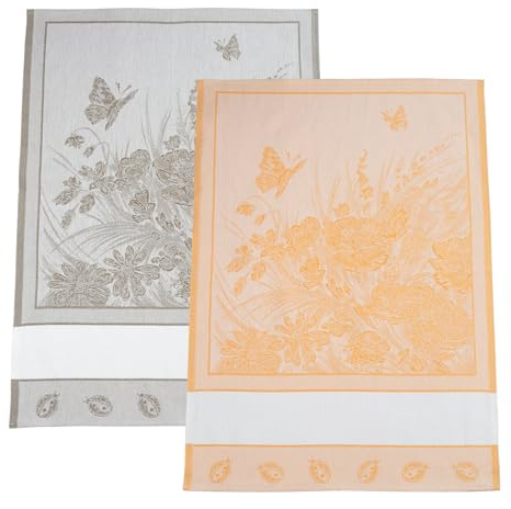 Filet - Juego de 2 paños para Cocina de Jacquard con Inserto de Tela Aida 55 Agujeros de Bordado, Ideales para secar vajilla, Fabricado en Italia, diseño de Flores, Color Amarillo y Cuerda