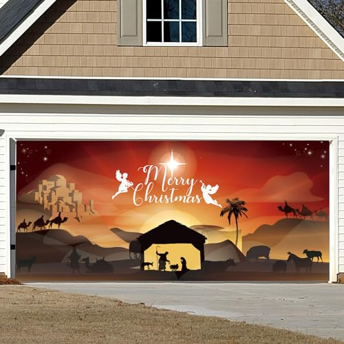Bannière Garage, 400x185cm Bannière de Fond de Scène de la Nativité avec Corde, Décoration de Noël pour Garage, Terrasse, Jardin, Clôture