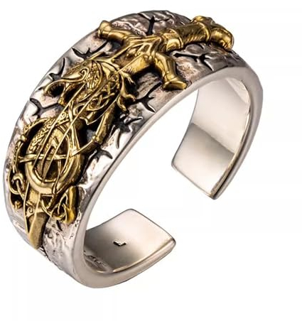 925 Sterling Silber Drache mit Schwert Ring gravierter Wikinger Vegvisir Kompass Nordischer Schmuck für Herren Damen Offen Verstellbare Größe L