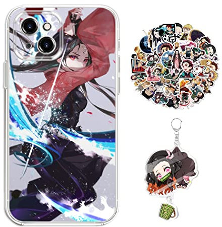 Demon -Slayer Hülle für iPhone 15 Pro Anime Nezuko Handyhülle [Mit Schlüsselbund und 50pcs Aufkleber] Cartoons Transparent Silikon Case Hülle für iPhone 15 Pro
