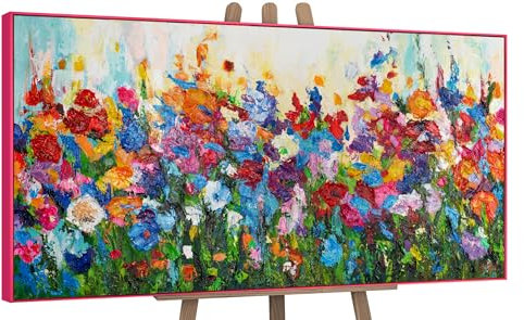 YS-Art Abstrakt Acryl Gemälde auf Leinwand Blumige Farben handgemalt Wandbilder Wohnzimmer modern Wohndekor Bild Blumen Weide Wiese bunt echte Kunst 100x50 cm