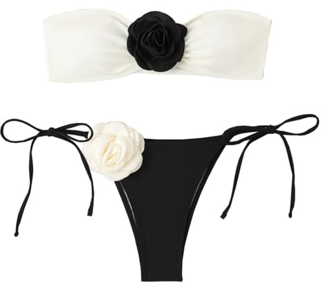 SNOMYRS Set bikini a fascia, motivo floreale 3D, bikini a taglio alto, senza spalline, reggiseno sexy e pantaloni, costume da bagno da donna, bianco, M/L