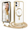 Ethanger Handyband für iPhone 12 iPhone 12 Pro Hülle mit Band + 2 Stück Glas Schutzfolie Transparent Silikon Handyhülle Magnetische Schutzhülle Case zum Umhängen für iPhone 12/12 Pro Gold