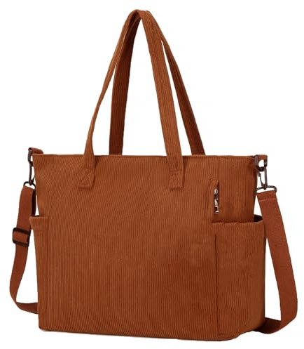 AioTio Damen Cord Tragetasche Groß Shopper Taschen Handtasche Cord Umhängetasche Klassisch Schultertaschen für Arbeit, Schule, Einkaufen(Braun)