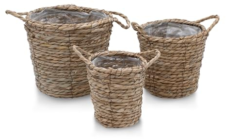Spetebo Seegras Pflanzkorb 3er Set Natur - 25/20 / 15 cm - Pflanztopf mit Folie ausgekleidet - Deko Blumenkorb Blumentopf Flechtkorb Korbset mit Henkel für Zimmerpflanzen