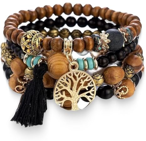 LICHUANUK Boho 4 Stück Armbänder Holzperlen Quaste Armband, Chakra Armband für Frauen, Natürliches Kristall heilsteine armband, Frauen Baum des Lebens Charm Statement Armreifen, Kristall Perle