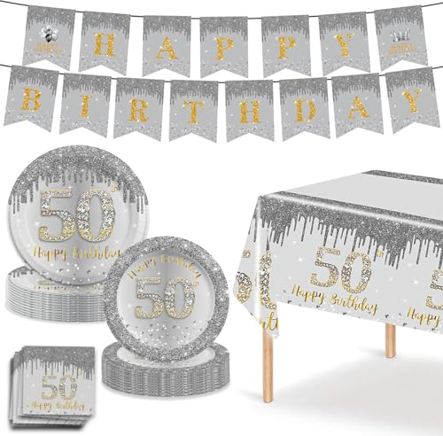 MORAINJAY Juego de vajilla de cumpleaños de 54 piezas para 18, juego de vajilla plateada y dorada para fiesta de cumpleaños 18, platos, servilletas, mantel, pancarta, suministros de fiesta de