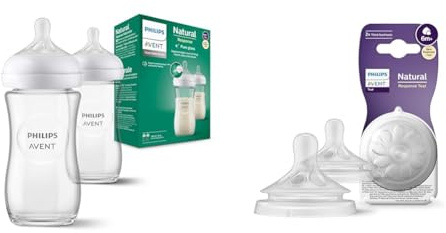 Philips Avent Lot de 2 biberons en verre à Réponse Naturelle – biberon de 240 ml & Avent Lot de 2 tétines pour biberon à Réponse Naturelle 0% BPA, Débit 6 liquides épaissis pour Bébé de 6 mois