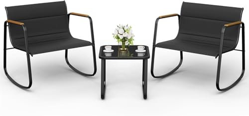 Amopatio 3-TLG Lounge Gartenmöbel Set, Balkonmöbel Kleiner Balkon mit Balkontisch & Schaukelstuhl, Gepolsterter Garten Sessel Wetterfest, Metall Terrassenmöbel für Terrasse, Outdoor, Pool, Schwarz