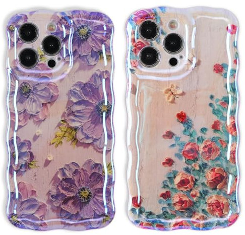 ZhuoFan 2 Packs Coque pour iPhone 14 Pro Max 6,7'', Coloré Vintage Aesthetic Fleur Rose Housse de Protection Floral Motif Peinture Dessin Silicone TPU Antichoc Jolies Filles et Femmes pour Étui, 03