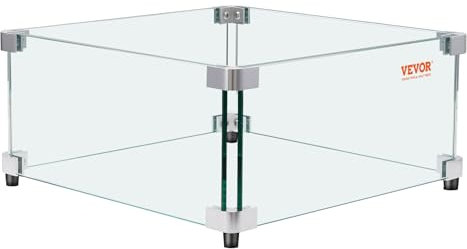 VEVOR FFB17# Gas Pit Fire Table 543 x 543 x 191 mm Clear Tempered Wind Guard for Firepits, 8mm Thick Square Shield, Glass Panel with Hard Corner Bracket & Feet, White