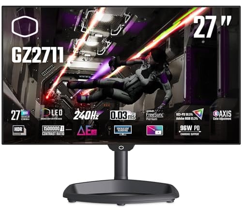 Cooler Master Tempest GZ2711 Monitor OLED da 27 - WQHD (2560x1440), 240 Hz, 0,03 ms GtG, Pannello WOLED, 98,5% DCI-P3 (ΔE≤2, 10 bit), KVM, Luce RGB, Supporto 4 Vie, DP 1.4, HDMI 2.1, USB Tipo-C (96W)