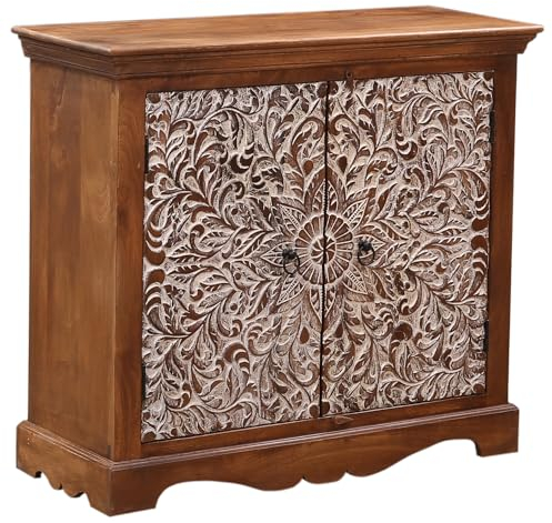 Marrakesch Exquisite Kommode mit Türen aus Holz 100cm groß | Orientalische Deko kleines Sideboard Komode Haifo handgeschnitzt für stilvolle Aufbewahrung und Boho Deko im Wohnzimmer & Schlafzimmer