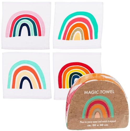 4er-Set Magische Regenbogen Baumwoll-Handtuch Zaubertuch - 30x30 cm - Mitgebsel & Geschenkidee für Kindergeburtstag, Reisen, Party - 100% Baumwolle, bunte Farben - Ideal für Kinder & Erwachsene