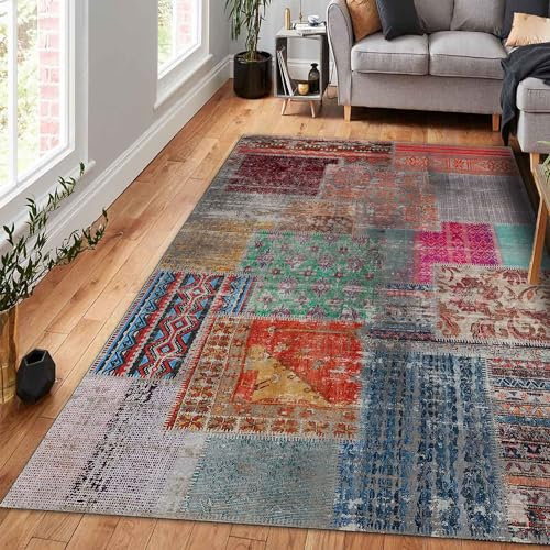 bamyum Denise Teppich Chenille-Druck Maschinell Hergestellt 80 x 300 cm, Waschbarer Patchwork Teppich, Vintage Schlafzimmer, Antibakteriell Antirutschunterlage Küchenteppich