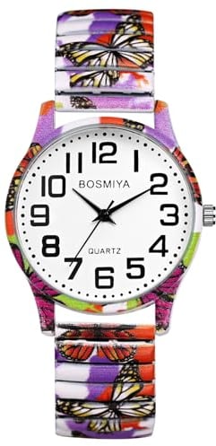 JewelryWe Damenuhr Boho Elastische Uhr: Bohemian Stil Schmetterling Analog Quarz Armbanduhr Damen Stretch Armband Lässige Uhr mit Edelstahl Zugarmband & großen Zahlen Zifferblatt