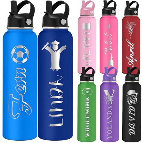 Bouteilles d'Eau Personnalisées Enfants avec Icônes et Nom 350/500/700/950 ml 1L avec Poignée et Paille Bouteille Isotherme en Acier Inoxydable pour Sports Écoles Voyages Bureau Cadeau Original