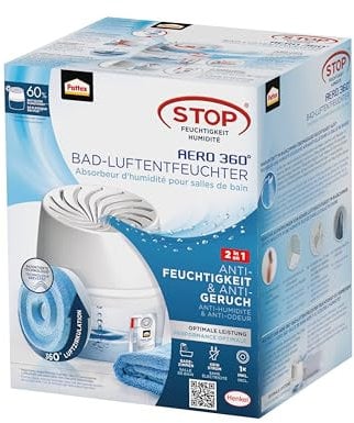 Pattex AERO 360° Deshumidificador para el cuarto de baño, de habitaciones para una circulación eficaz del aire, de habitaciones reduce el exceso de humedad, 1 aparato incl. 1 pastilla de recarga