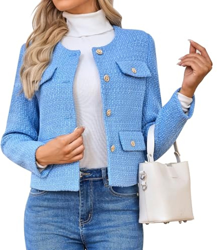 HUEOBIR Women's Tweed Blazers Jackets Casual Long Sleeve Button Down Business Short Casual Cropped Coats(Blue-XXL)
