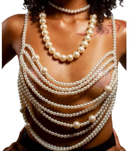 SOUTHJIELING Damen-Halskette mit mehrschichtigen Perlen, Körperkette, Schulterkette, Geschirr, Körperschmuck, bauchfreies Top für Hochzeit, Party